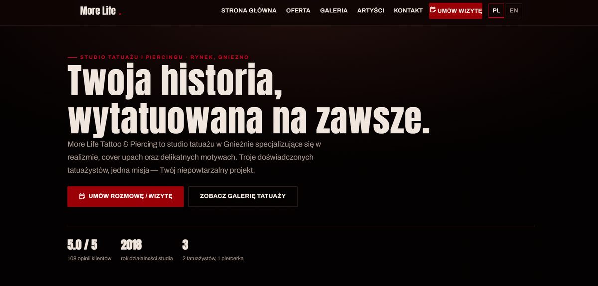 Podgląd dwujęzycznej strony internetowej studia tatuażu More Life Tattoo & Piercing w Gnieźnie – realizacja Webifi
